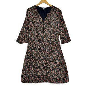 Old Navy Black Floral Cinched Waist 3/4 Bell Sleeve Above Knee Flowy Dress Sze L